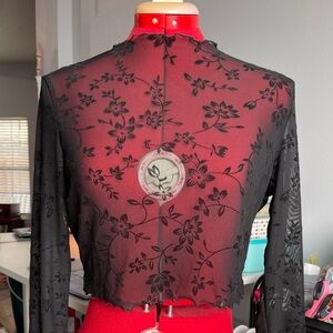 Black 90s Y2K Floral Sheer Long Sleeve Layering Top